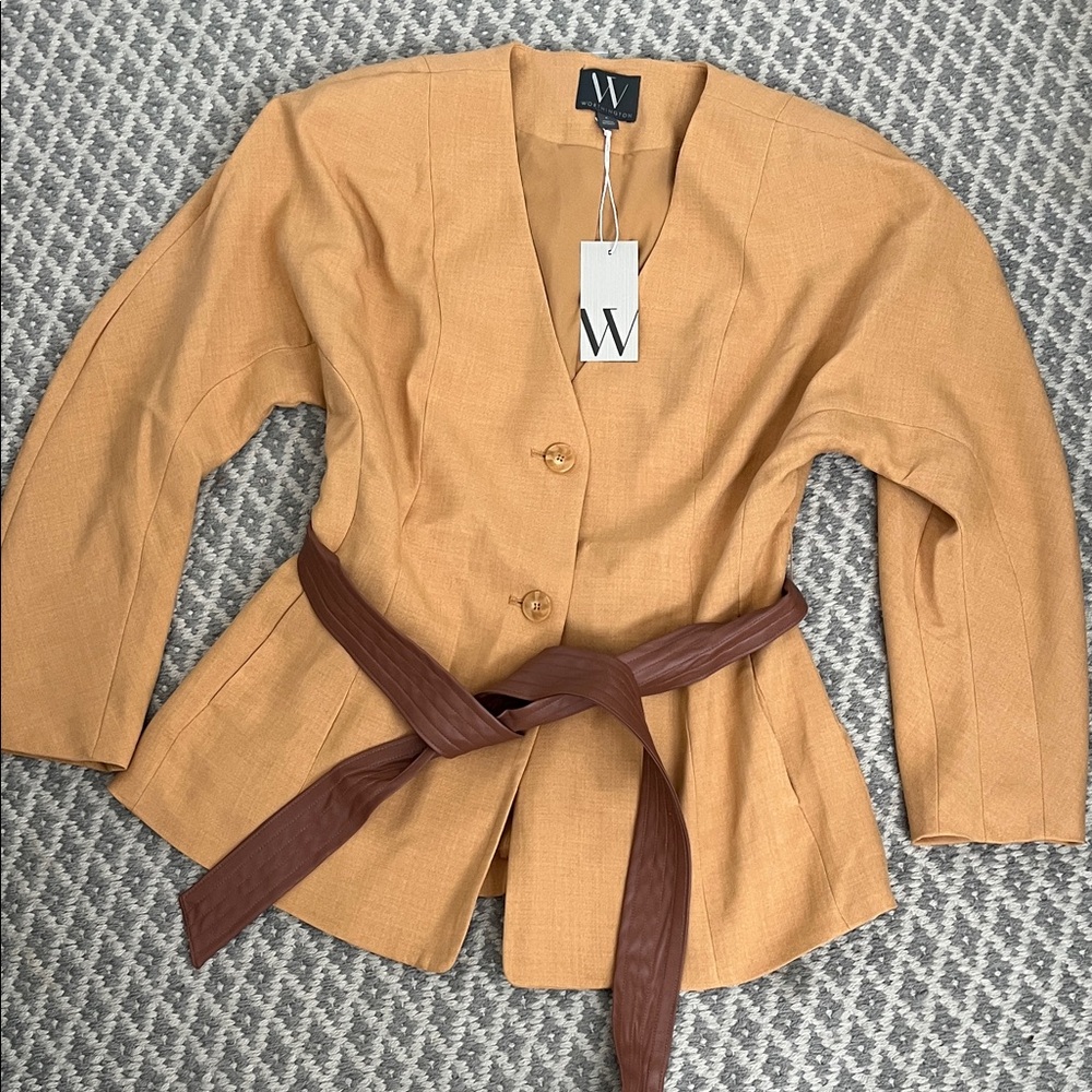 Worthington Camel Blazer with Chocolate Belt Dolman Sleeves